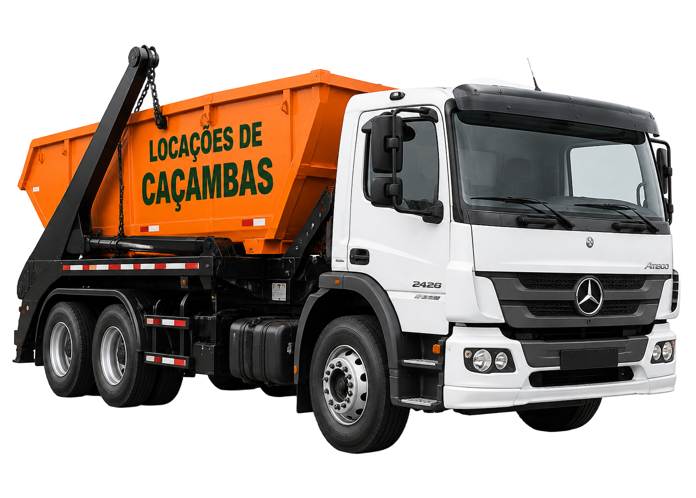 Caminhão branco da Verde Entulho carregando uma caçamba laranja